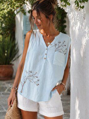 474 - CCK Baby Blue Embroidered Tunic Top | Boho Cottagecore Coastal Chic
